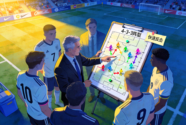 足球比赛战术分析画面，教练在场边布置战术